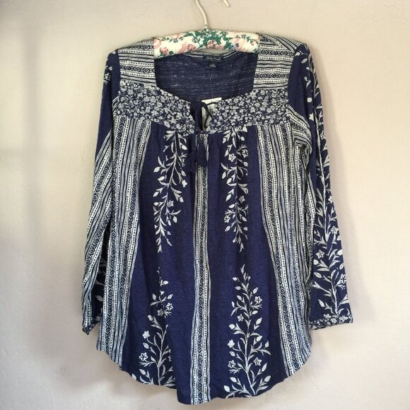 Lucky Brand Tops - New Lucky Brand Womens Linen Blend Peasant Top Blouse Small 3/4 Sleeve Navy Boho